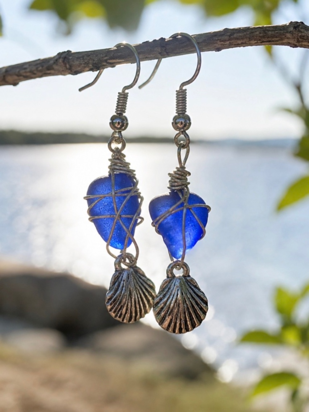 Handmade Silver Tone Cobalt Blue Seaglass Shell Dangle Earrings Beach Boho